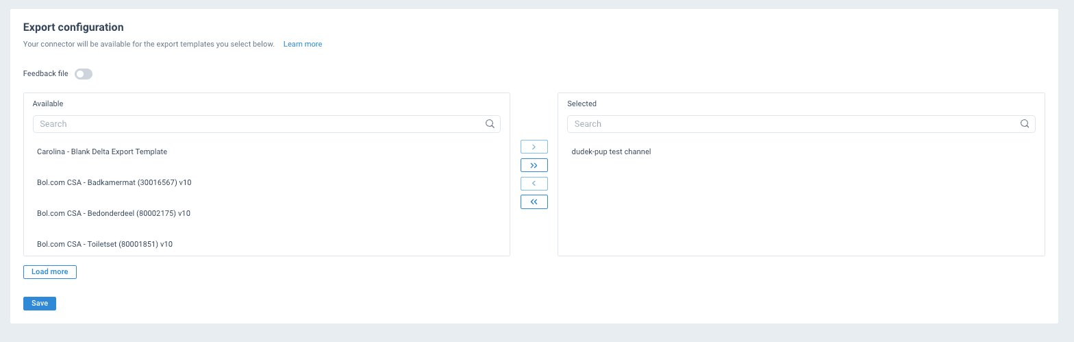 Export configuration in the Dev Portal — select channels and toggle feedback file