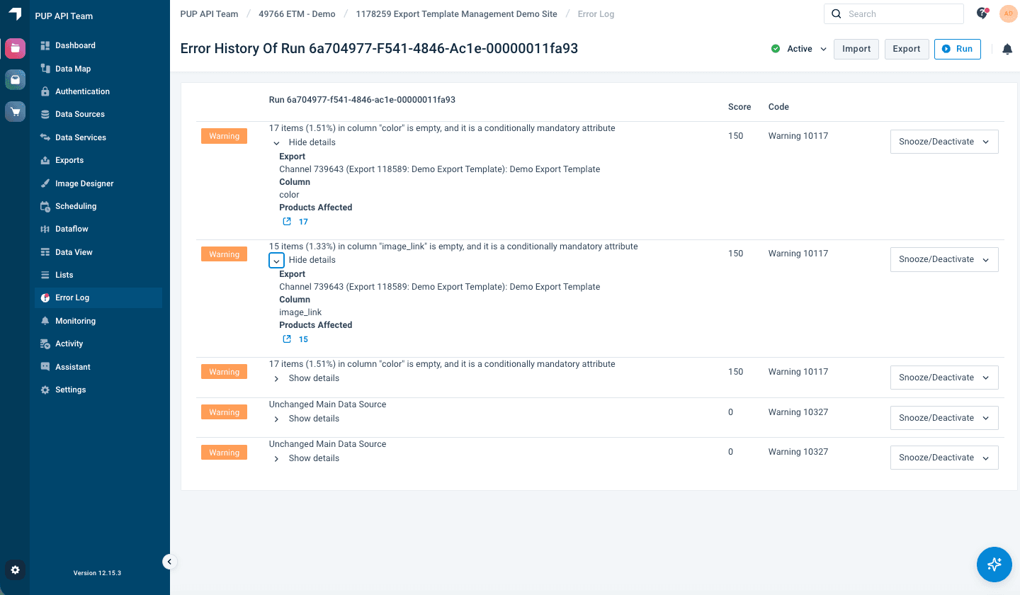 The Error Log shows the corresponding validation error for that attribute