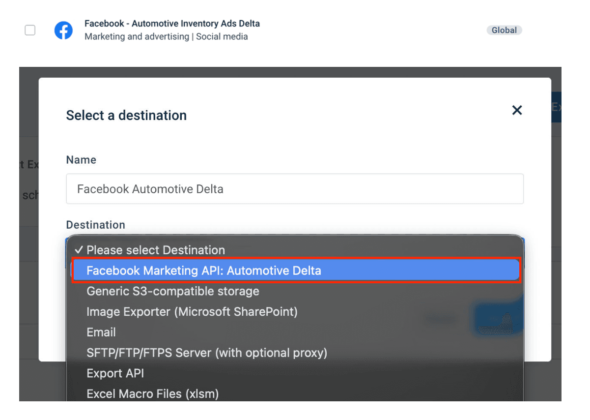 Facebook Automotive Inventory Ads Delta destination selection