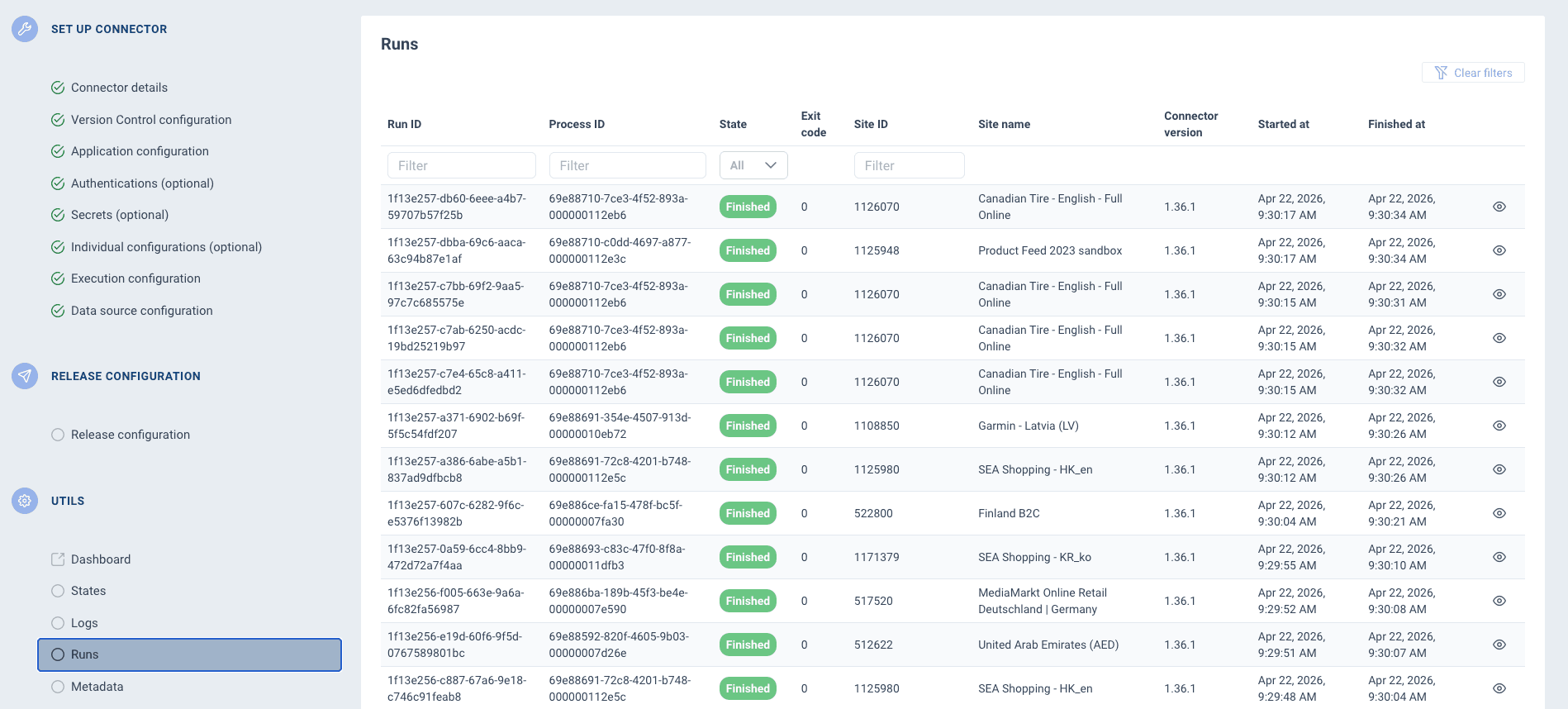 Runs page showing run history