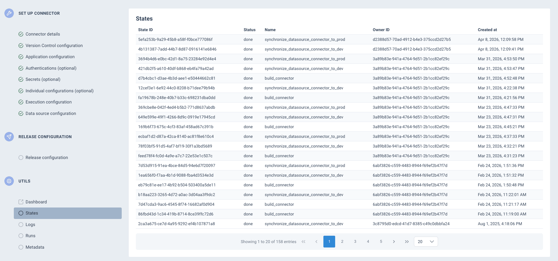 States page showing operation history