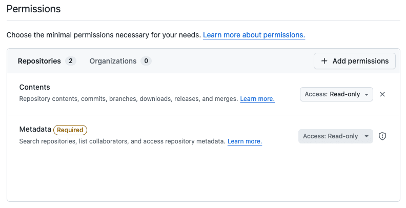 GitHub fine-grained token permissions with Contents and Metadata set to read-only access