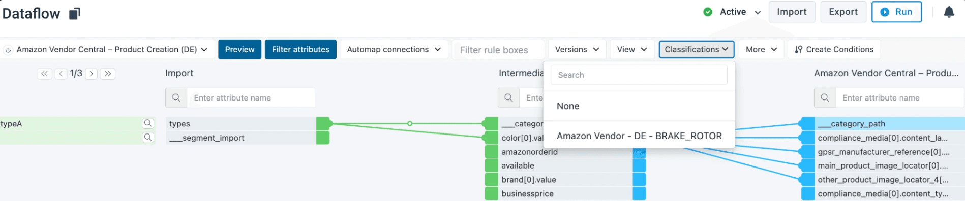 Dataflow view showing __category_path mapped and the Classifications dropdown open with Amazon Vendor – DE – BRAKE_ROTOR visible
