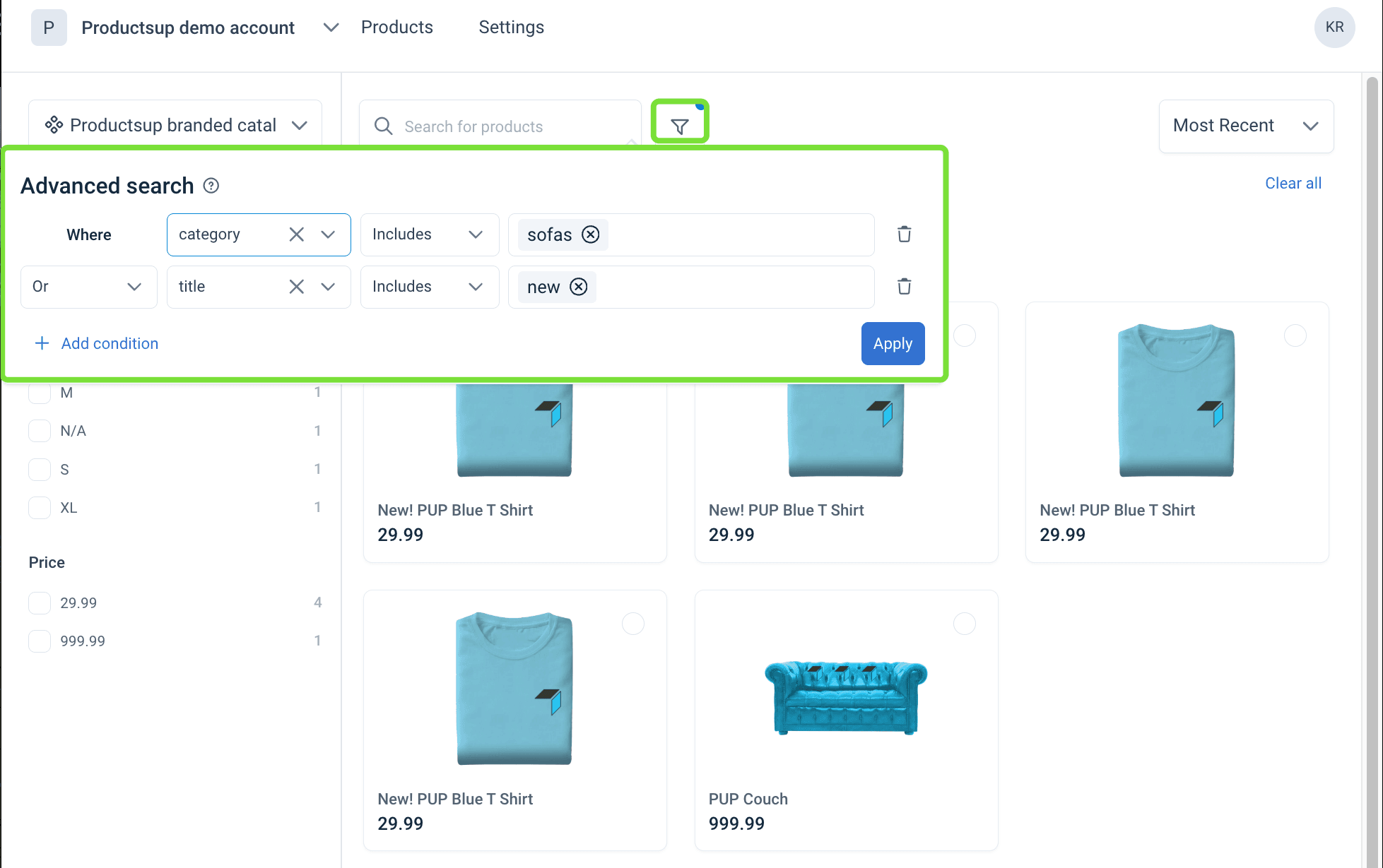 Advanced search with attribute conditions, Includes, and AND or OR in Content Portal