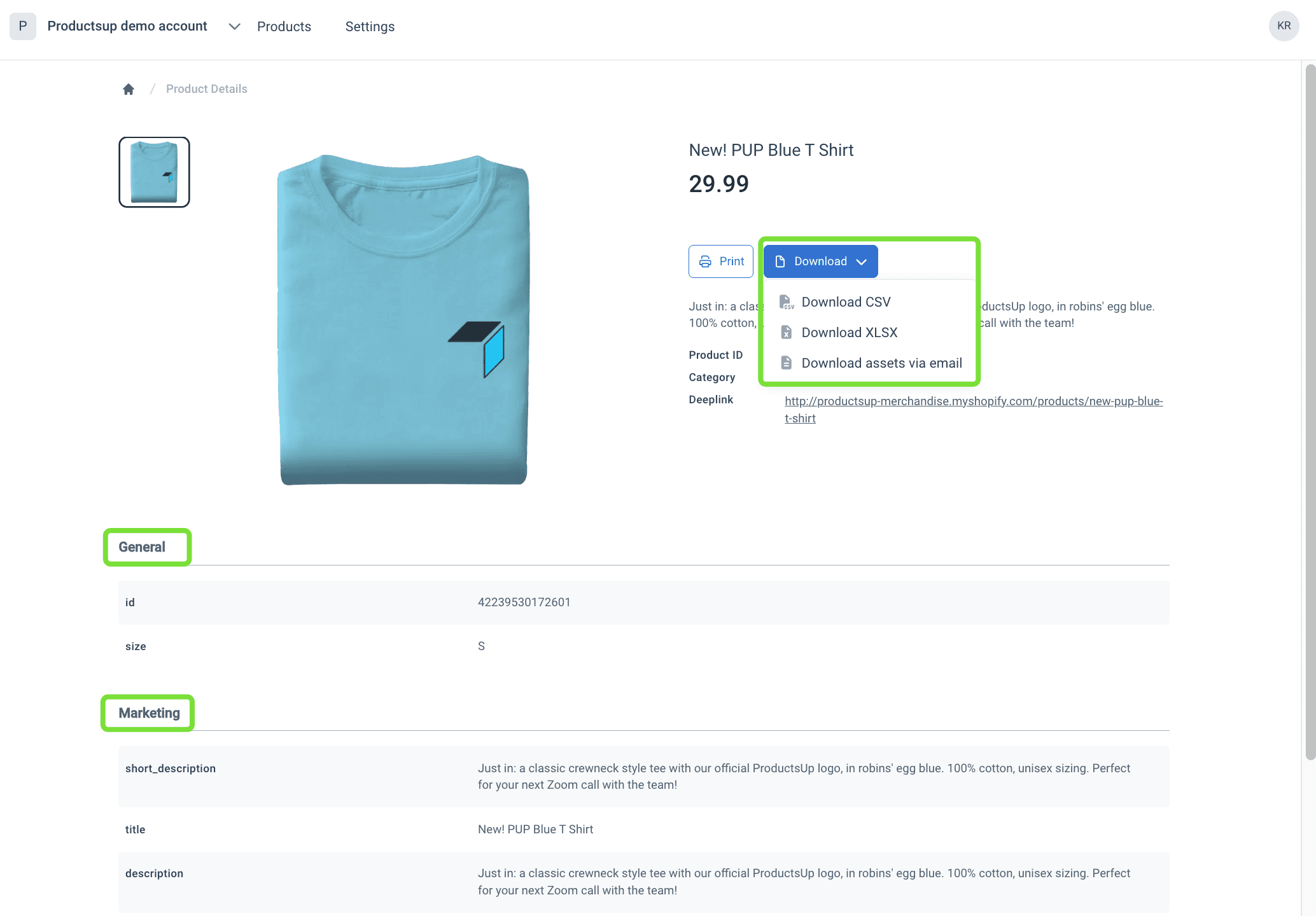 Product details page - Download options and Attribute groups - in Content Portal
