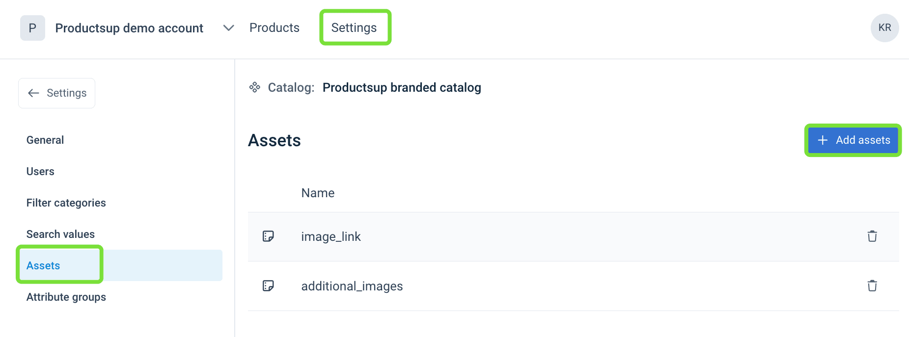 Asset mapping in catalog settings in Content Portal