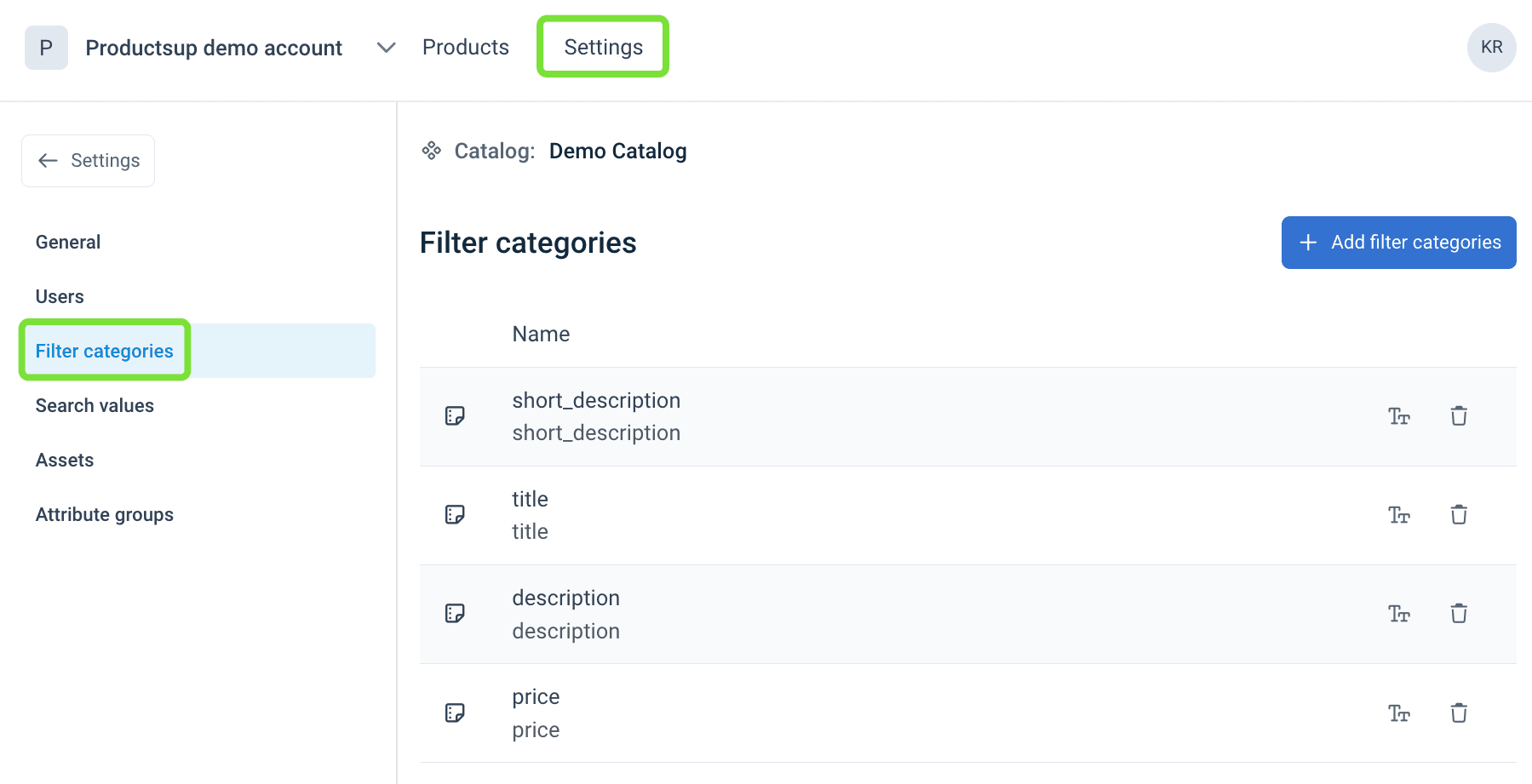 Filter categories in Content Portal