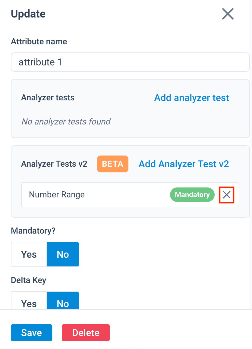 Deleting an analyzer test in the edit attribute sidebar