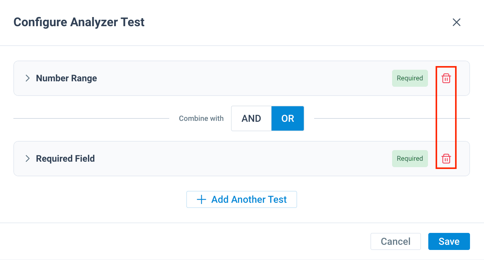 Deleting an analyzer test in the Configure Analyzer Test pop-up