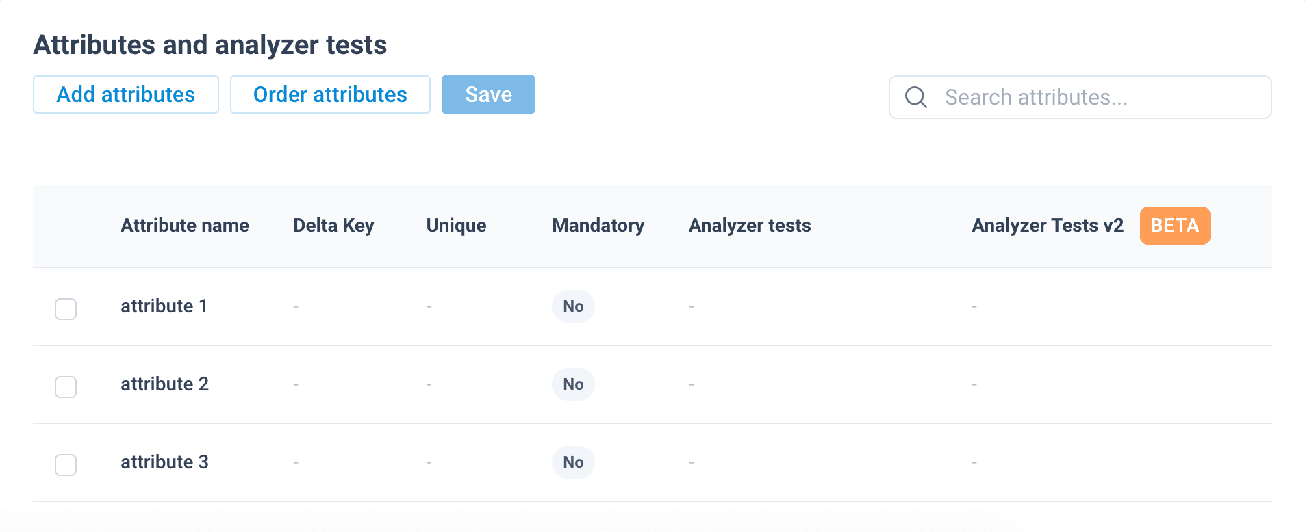 Attributes and analyzer tests section at the bottom of the export template setup page