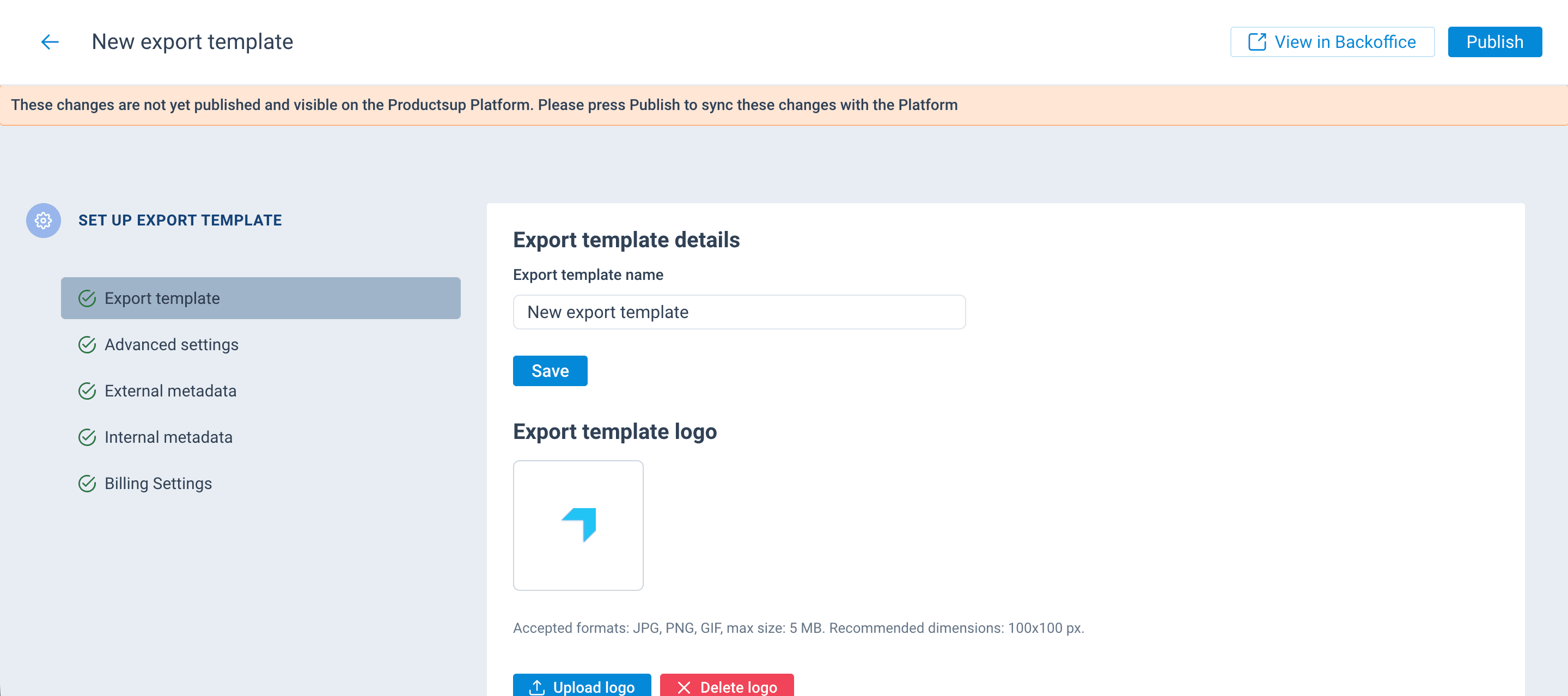 Export template setup page