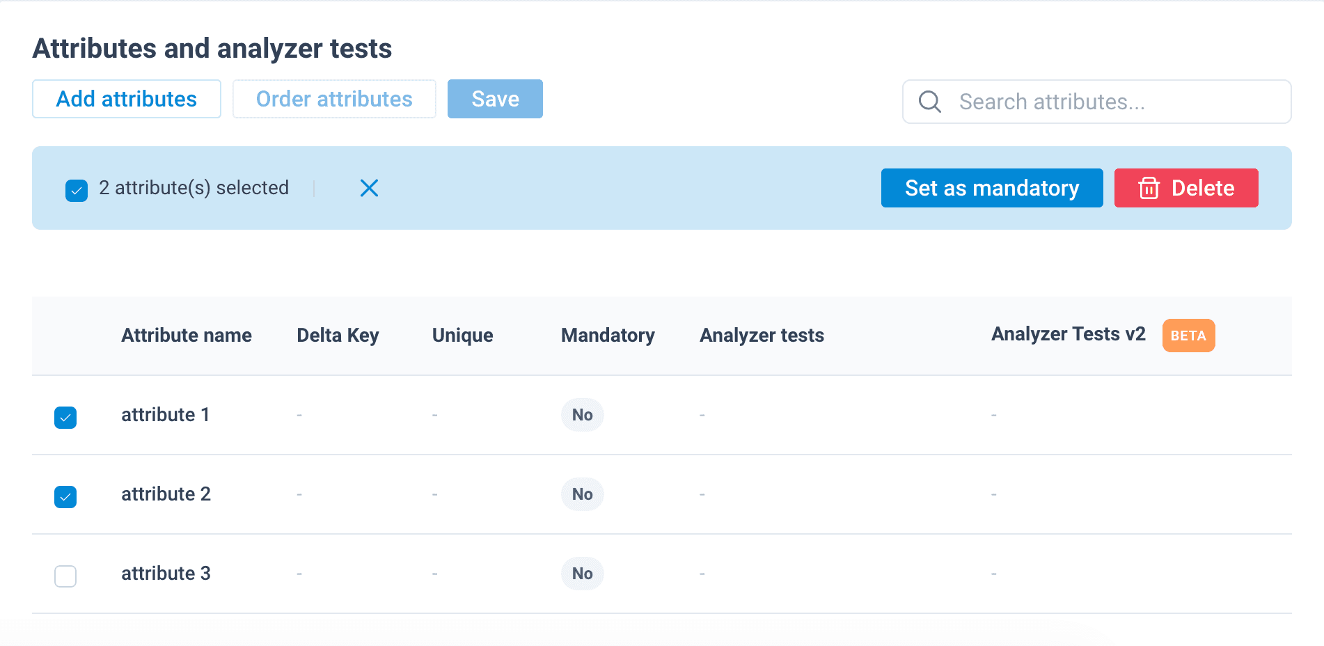 Selecting attributes in the attributes list