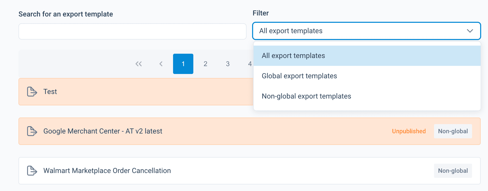Select a type of export template