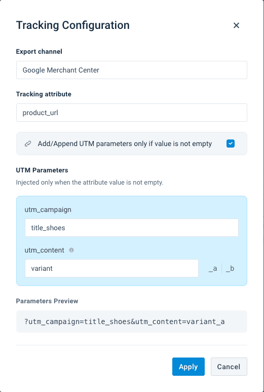 Tracking parameter configuration showing Intermediate vs. Export channel selection
