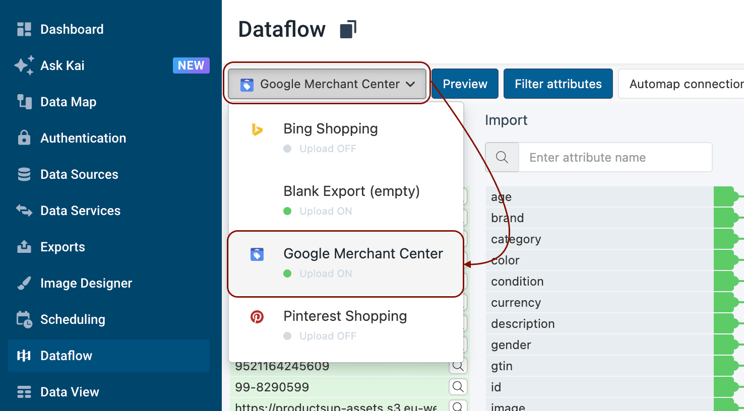 Export selection dropdown with Google Merchant Center selected