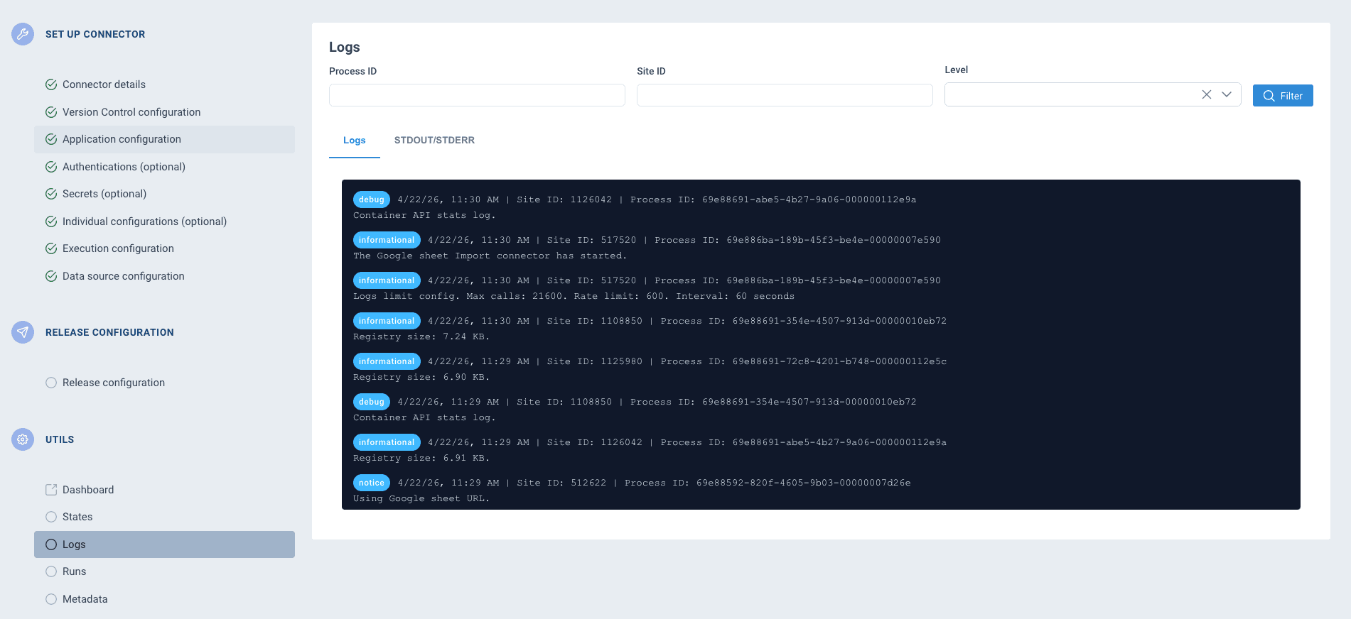 Logs page with severity badges and filters