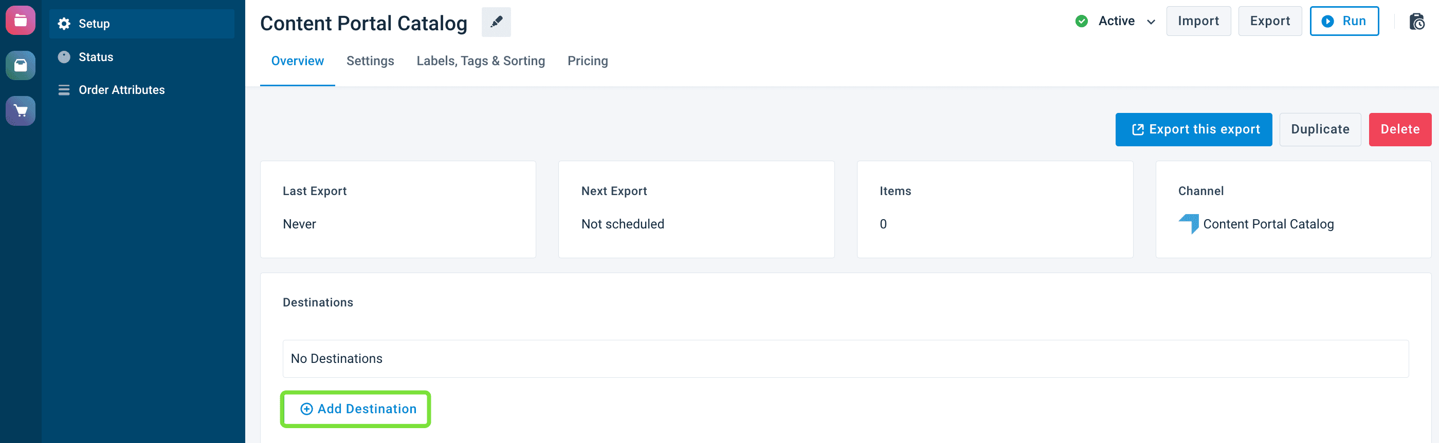 Add Destination button in Productsup Platform