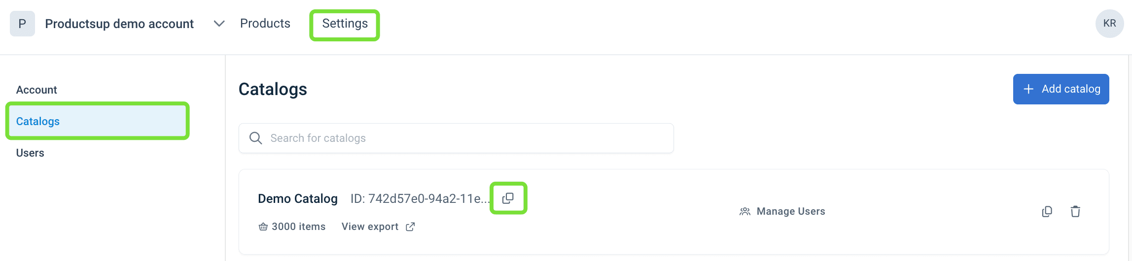 Copy Catalog ID in catalog settings in Content Portal