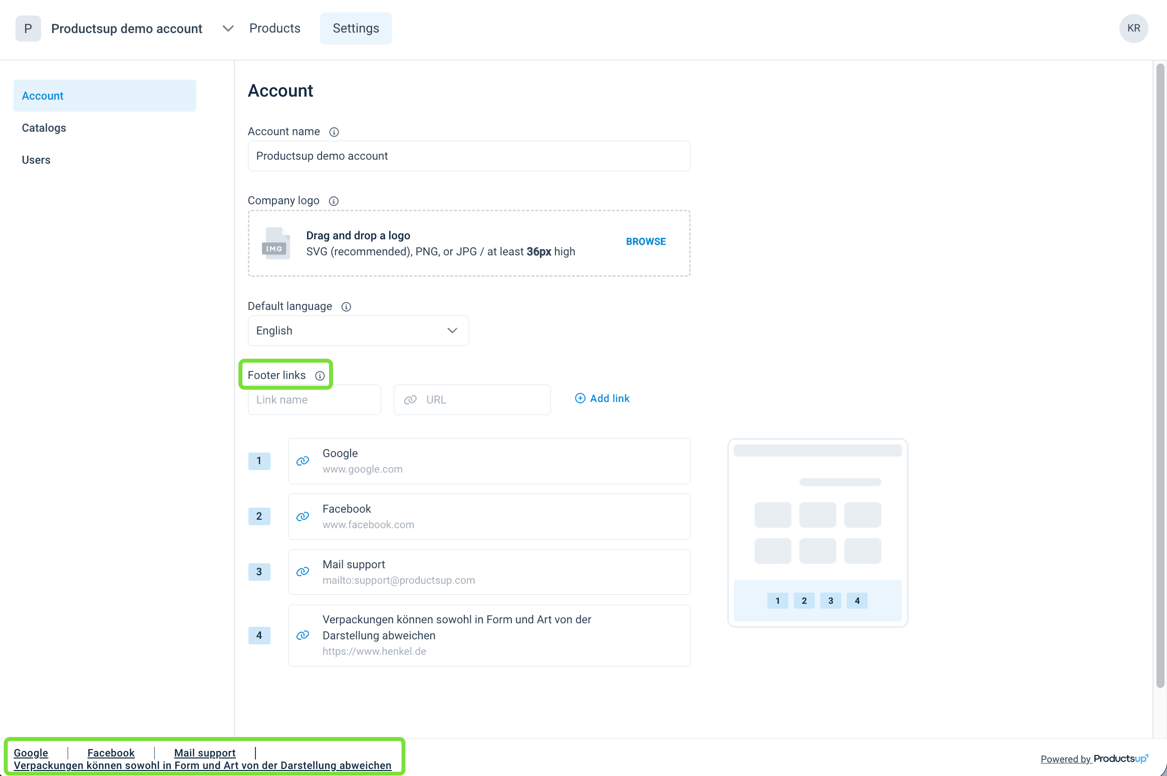 Account settings and Footer links in Content Portal