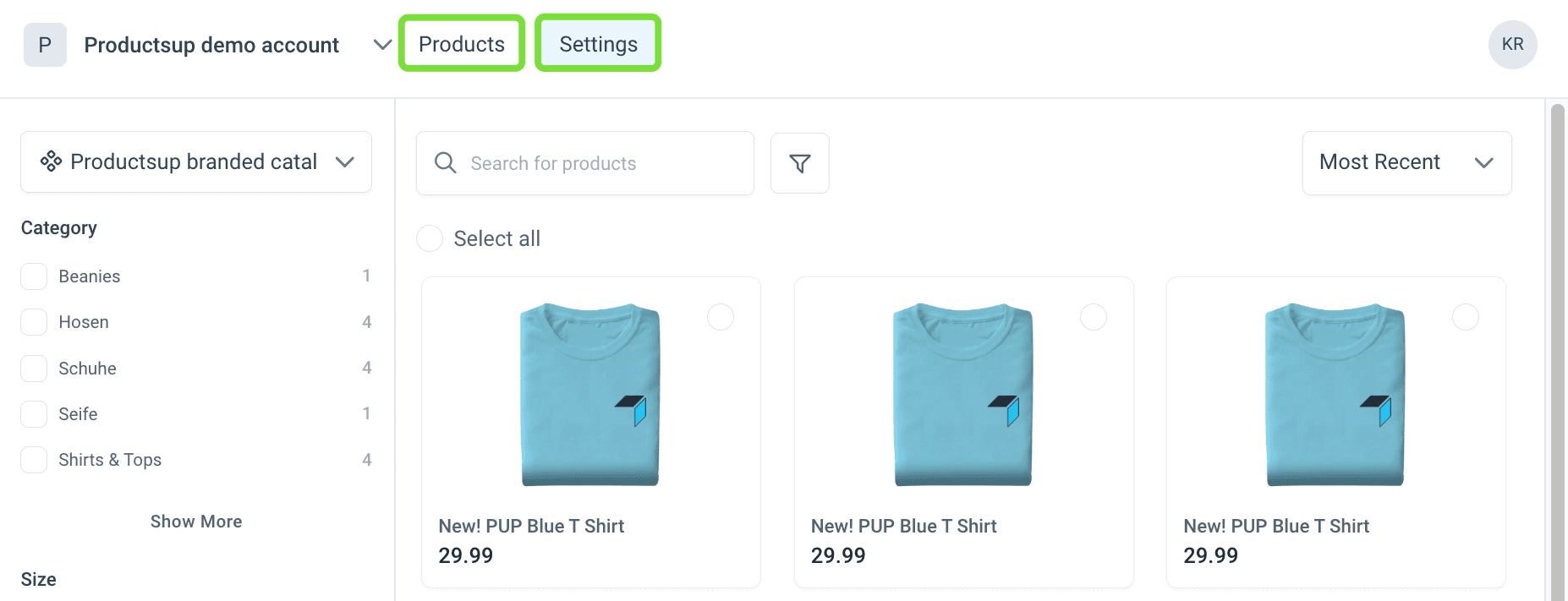 Products and Settings in the Content Portal navigation