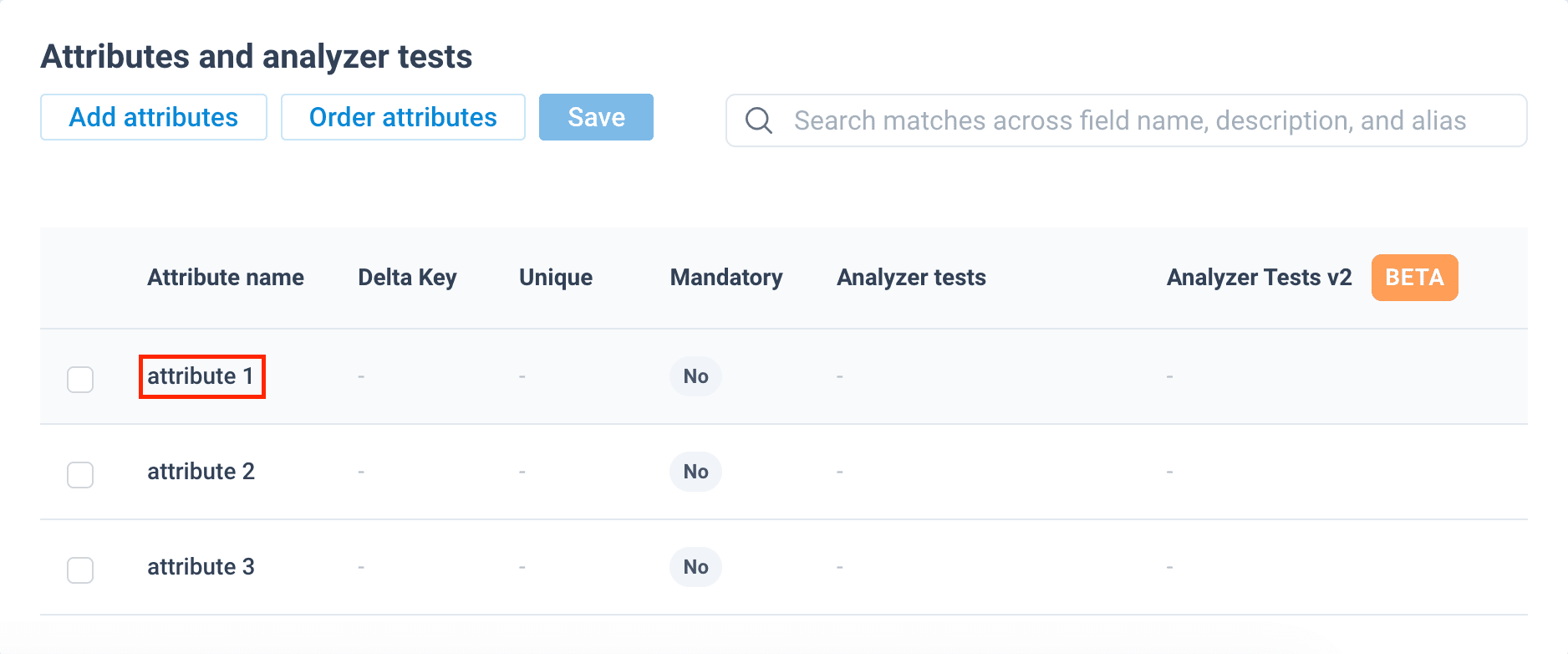 Select an attribute to add analyzer tests