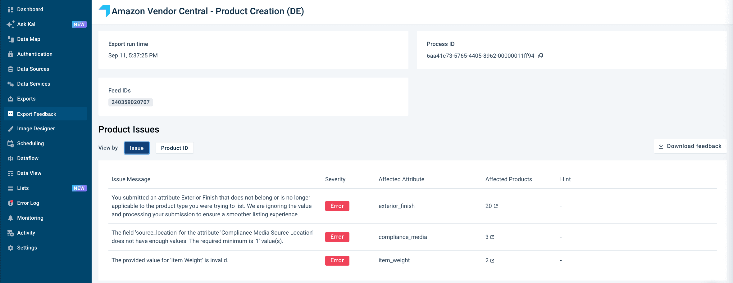 Export Feedback Detail page with issue messages grouped by issue, showing severity, affected attribute, and affected products