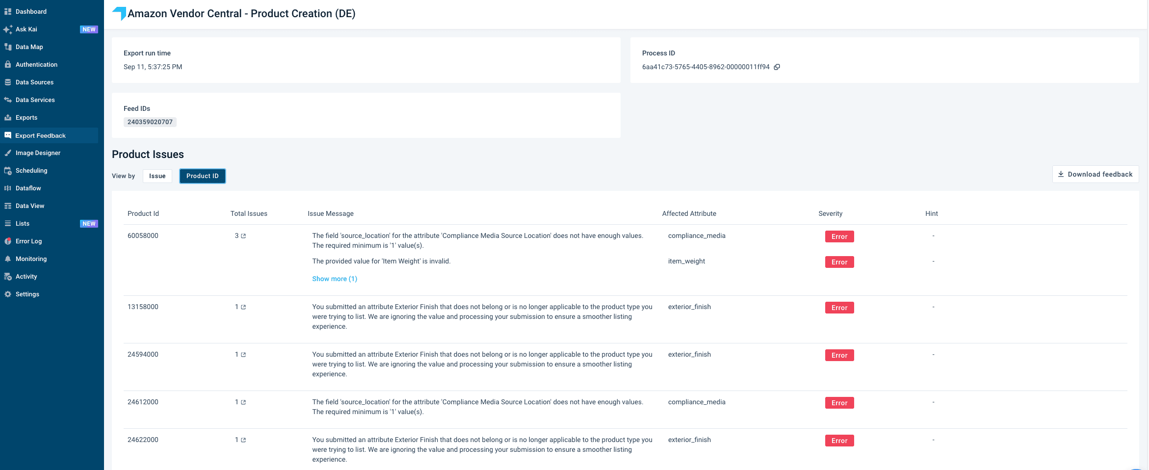 Export Feedback Detail page with issue messages grouped by product ID, showing total issues per product