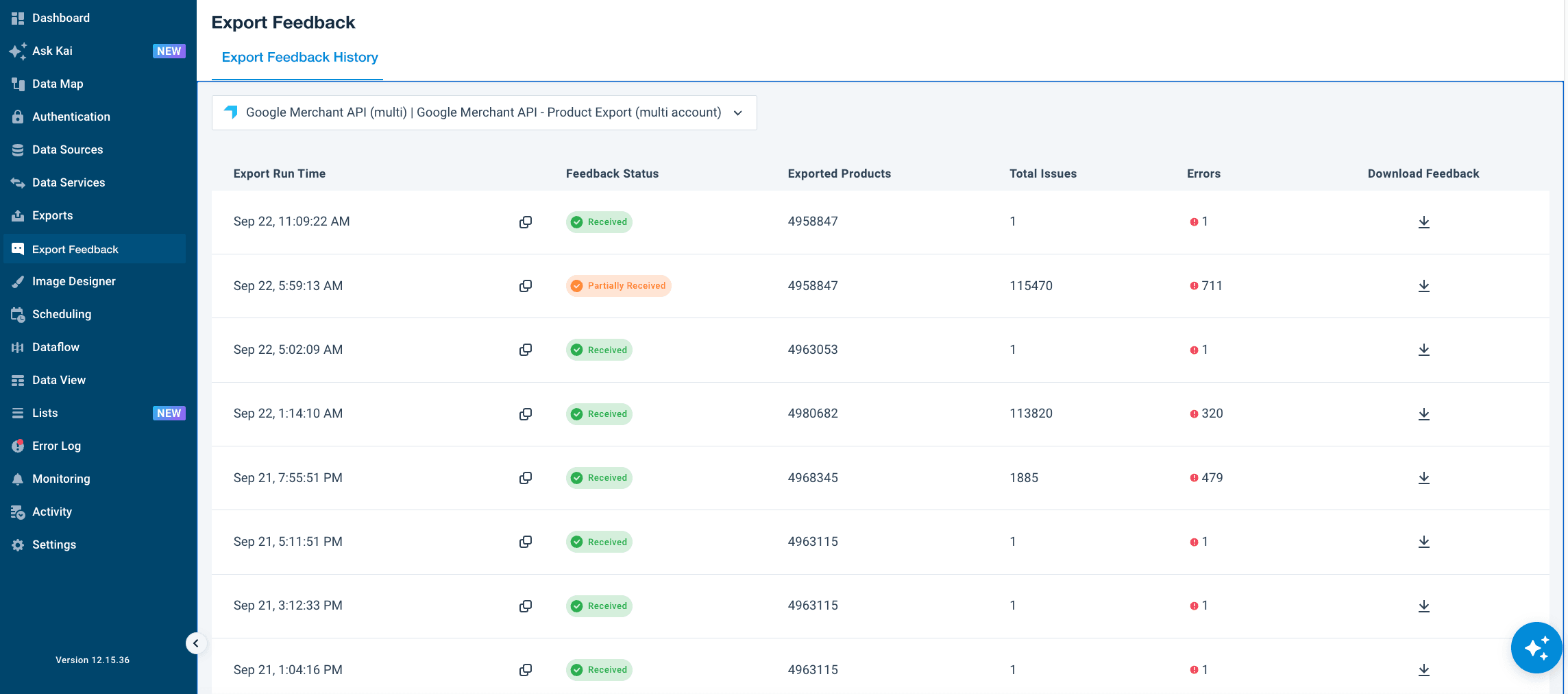 Export Feedback History page listing export runs with their feedback status, exported products, total issues, and errors