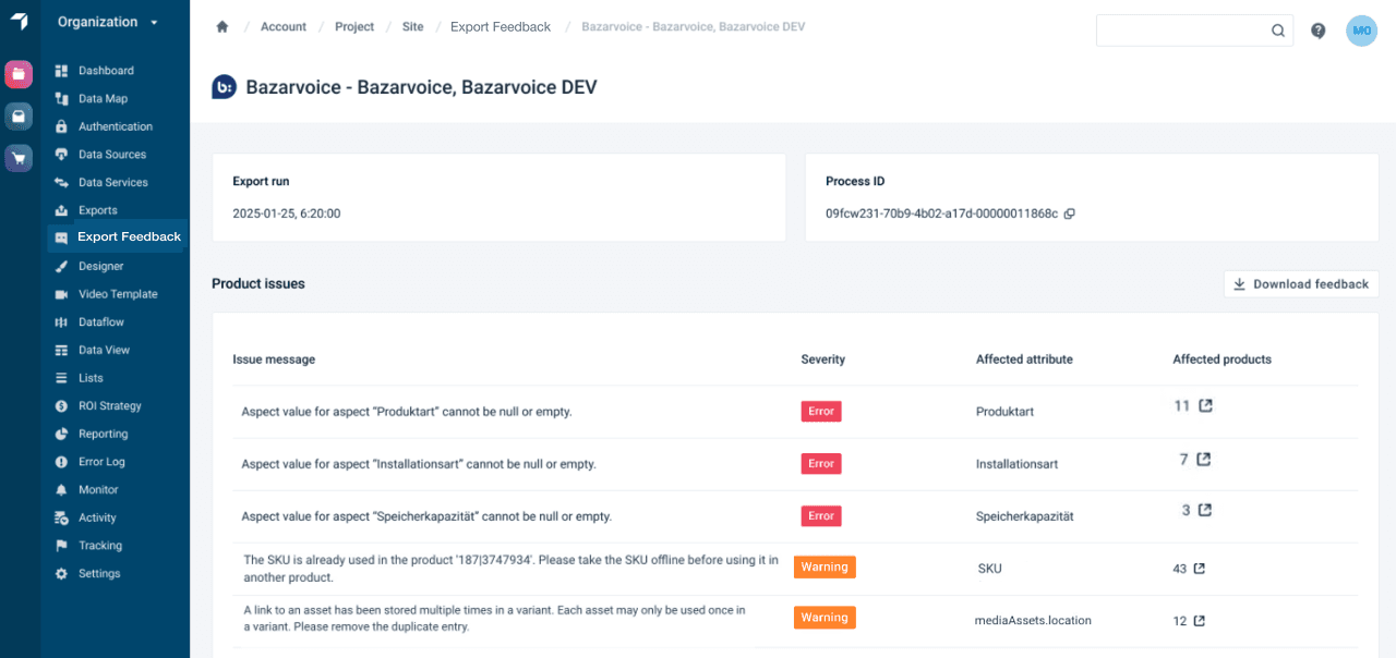 Product issues on the Export Feedback Detail page classified by severity, with errors ranked above warnings