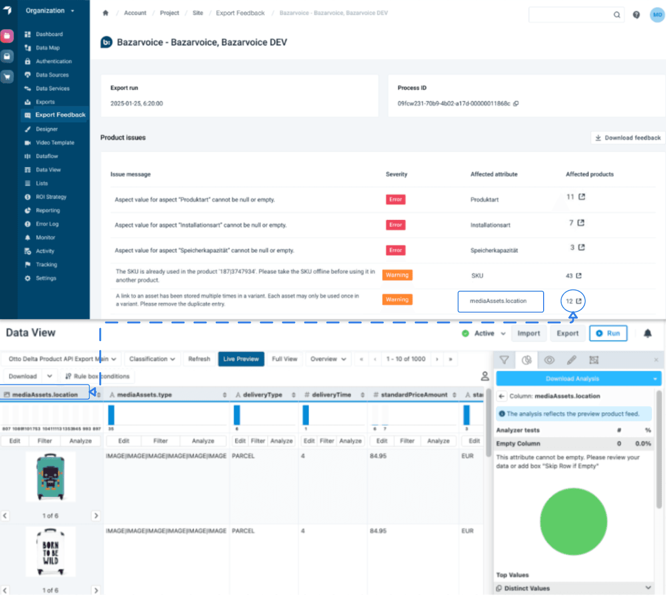 Selecting the affected products count on the Export Feedback Detail page navigates to a pre-filtered Data View