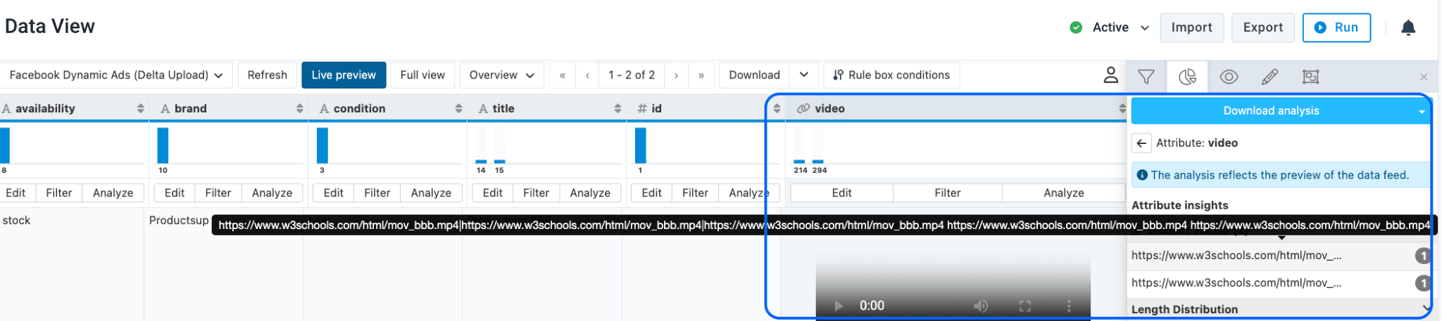 Pipe-separated video URLs in the video attribute of the Facebook Dynamic Ads (Delta Upload) export in Data View