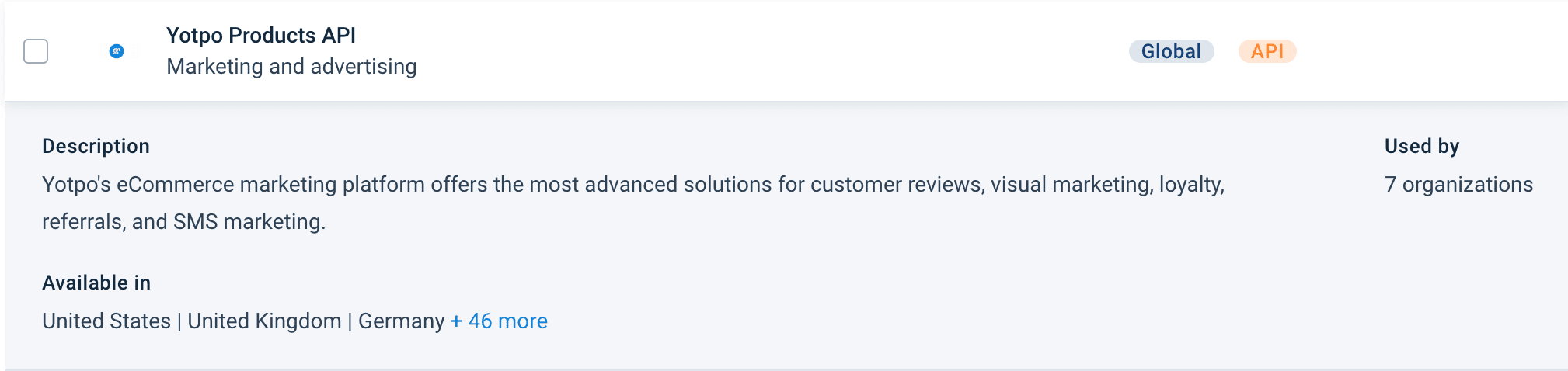 Yotpo Products API export in the export search results, with its description and available countries