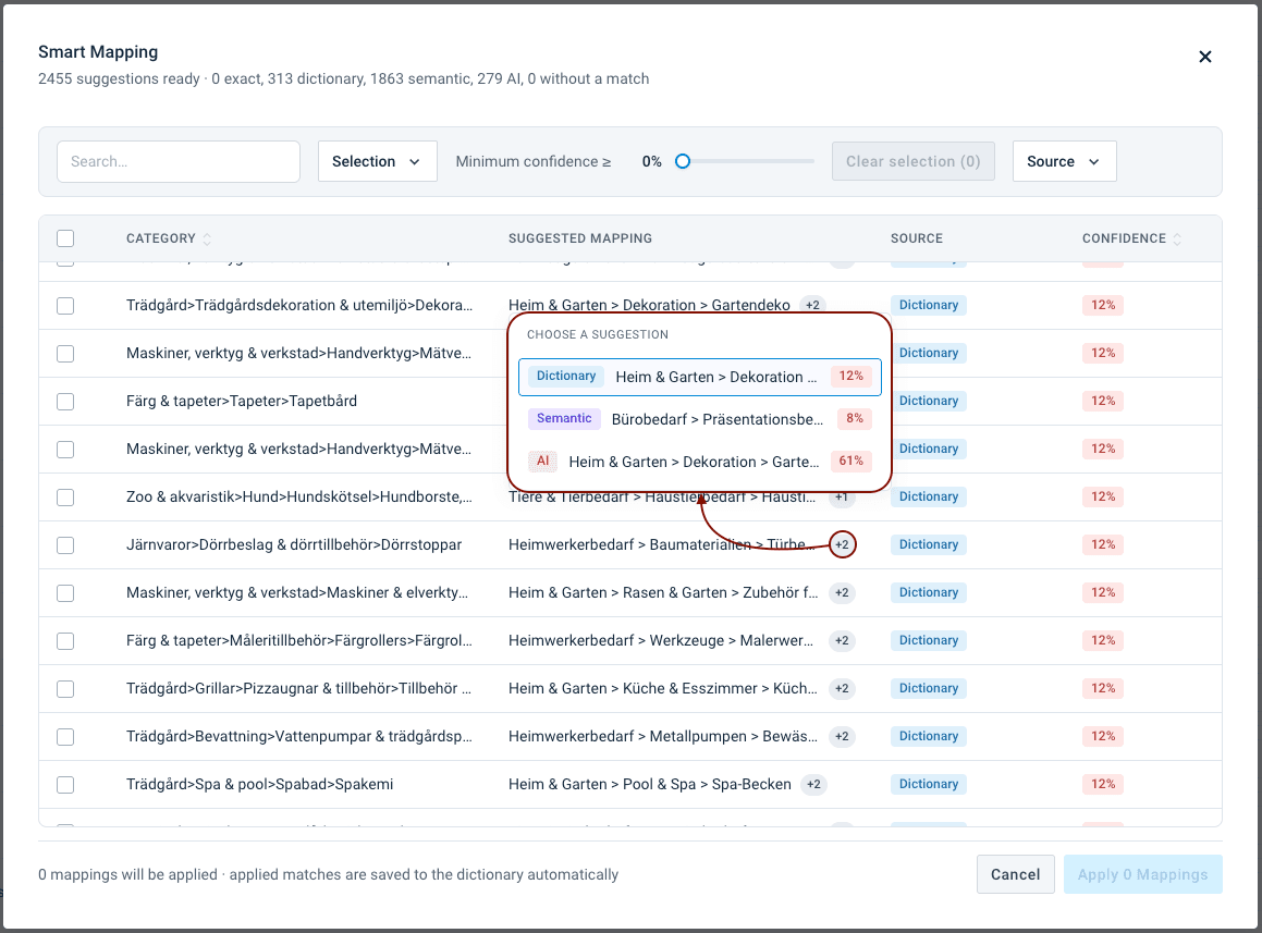 Comparing candidates for the same row after selecting the +2 icon, showing Dictionary, Semantic, and AI suggestions