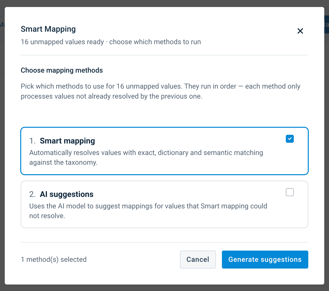 Method-selection screen with only Smart selected