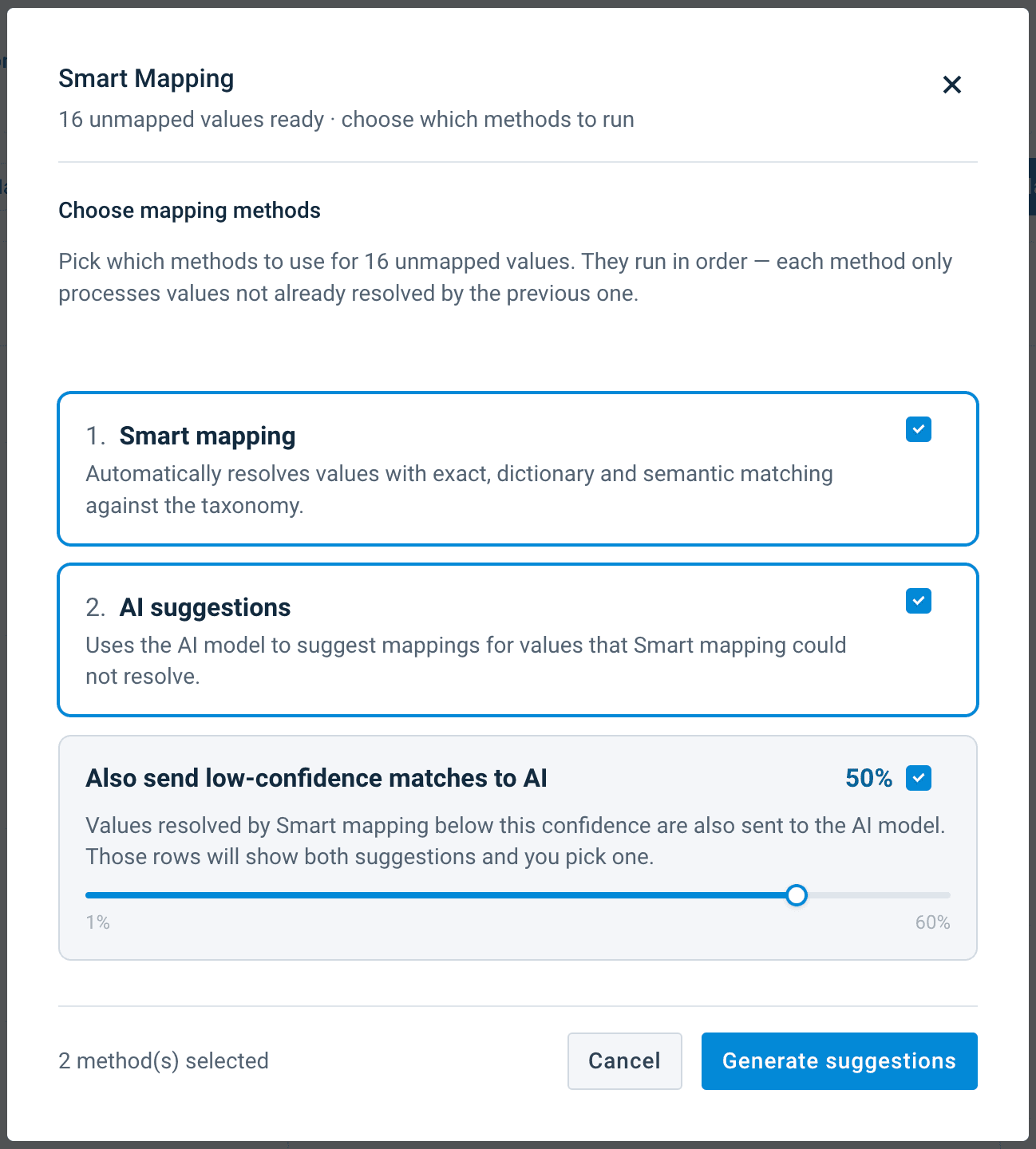 Method-selection screen with Smart, AI, and the AI fallback slider enabled