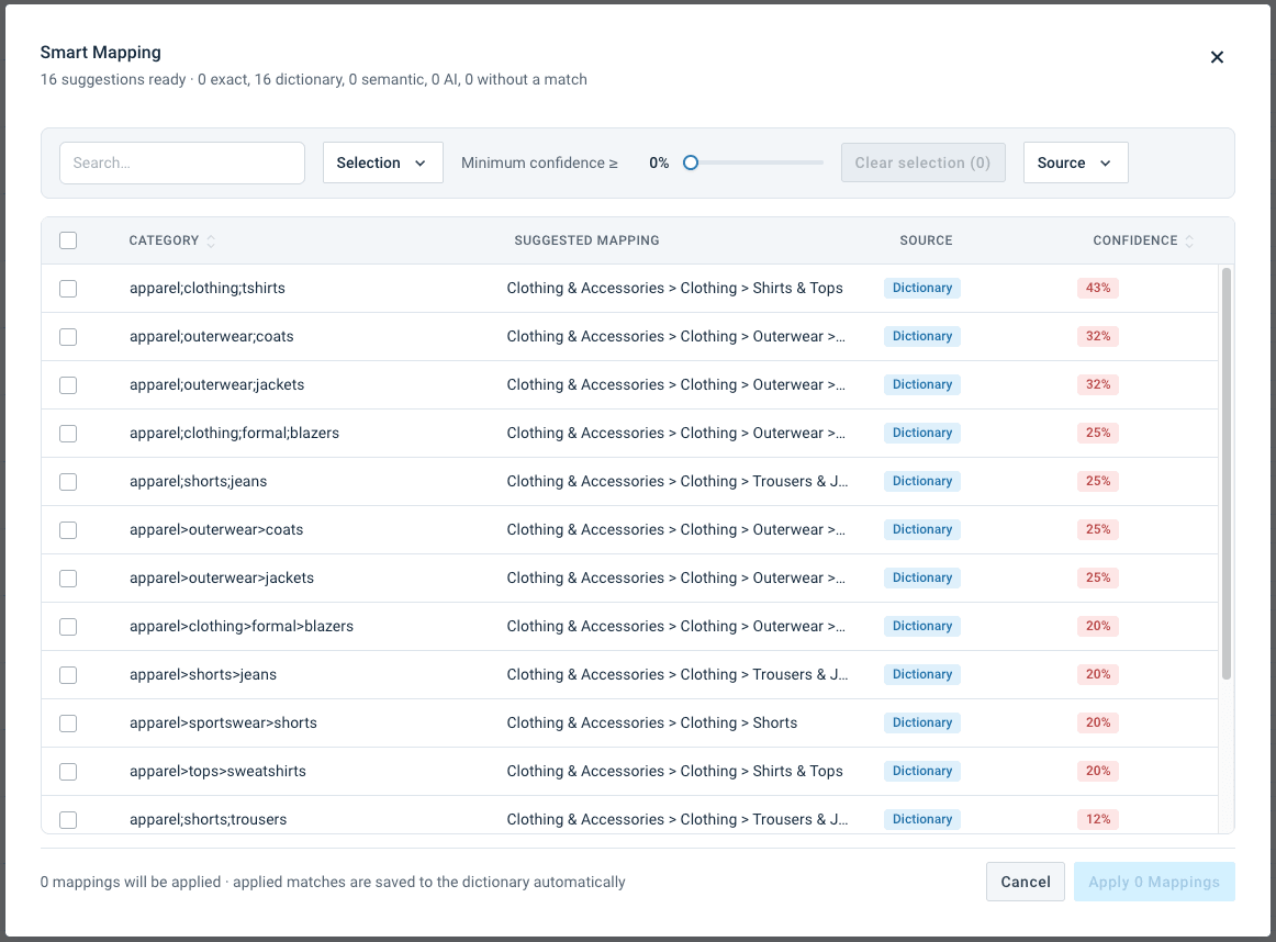 Smart Mapping suggestions list with filters, confidence scores, and source badges
