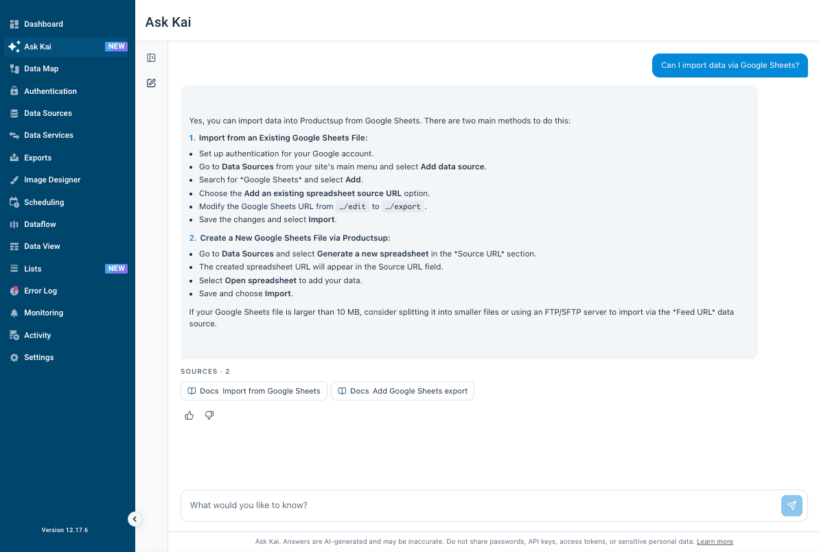 Ask Kai full page answering a question about importing data from Google Sheets, with linked Help Center sources