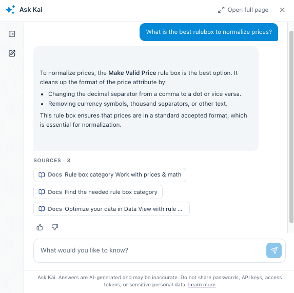 Ask Kai widget recommending the Make Valid Price rule box, with three linked Help Center sources