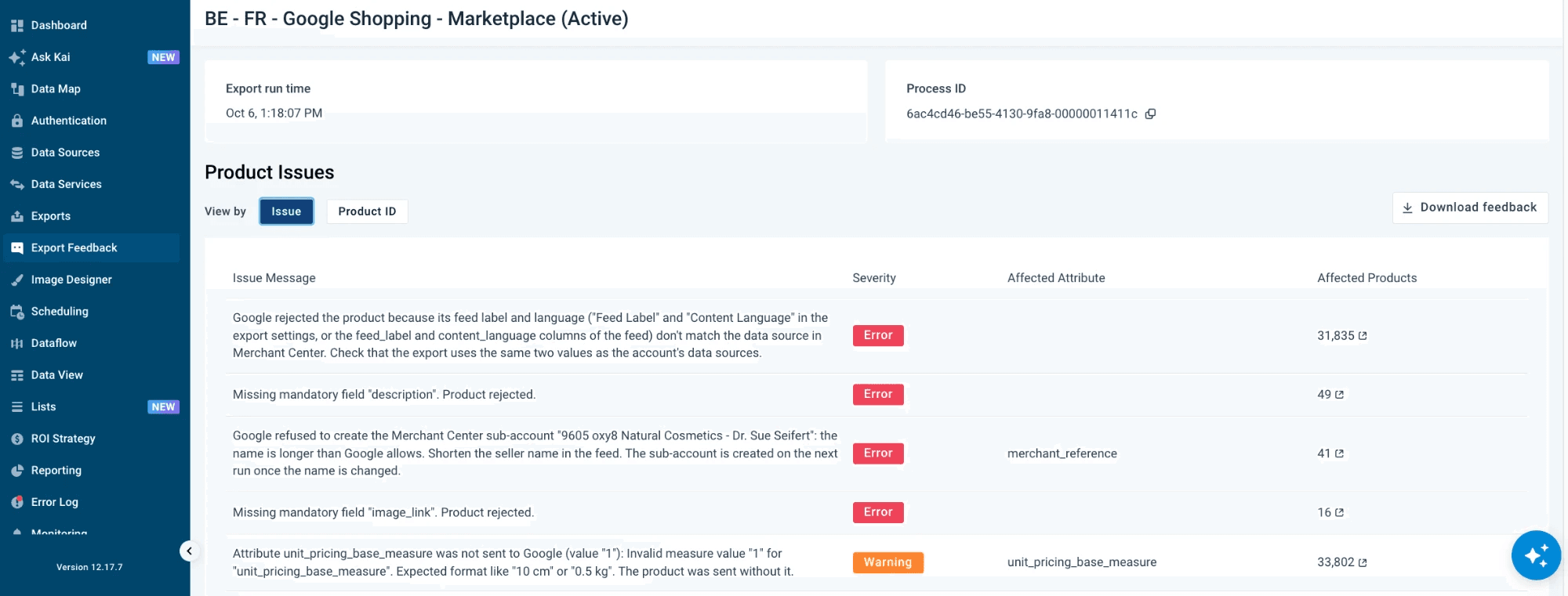 Export Feedback for a Google Merchant API export, listing product issues by message, severity, affected attribute, and number of affected products