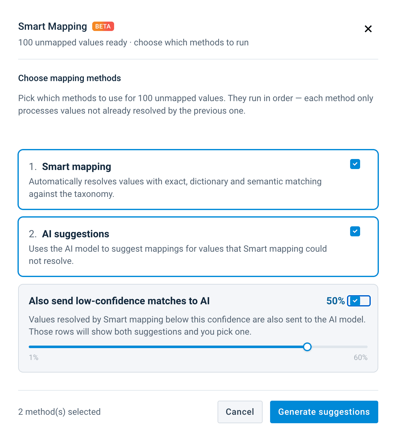 Smart Mapping dialog for choosing mapping methods, with Smart mapping, AI suggestions, and a confidence threshold for sending low-confidence matches to AI