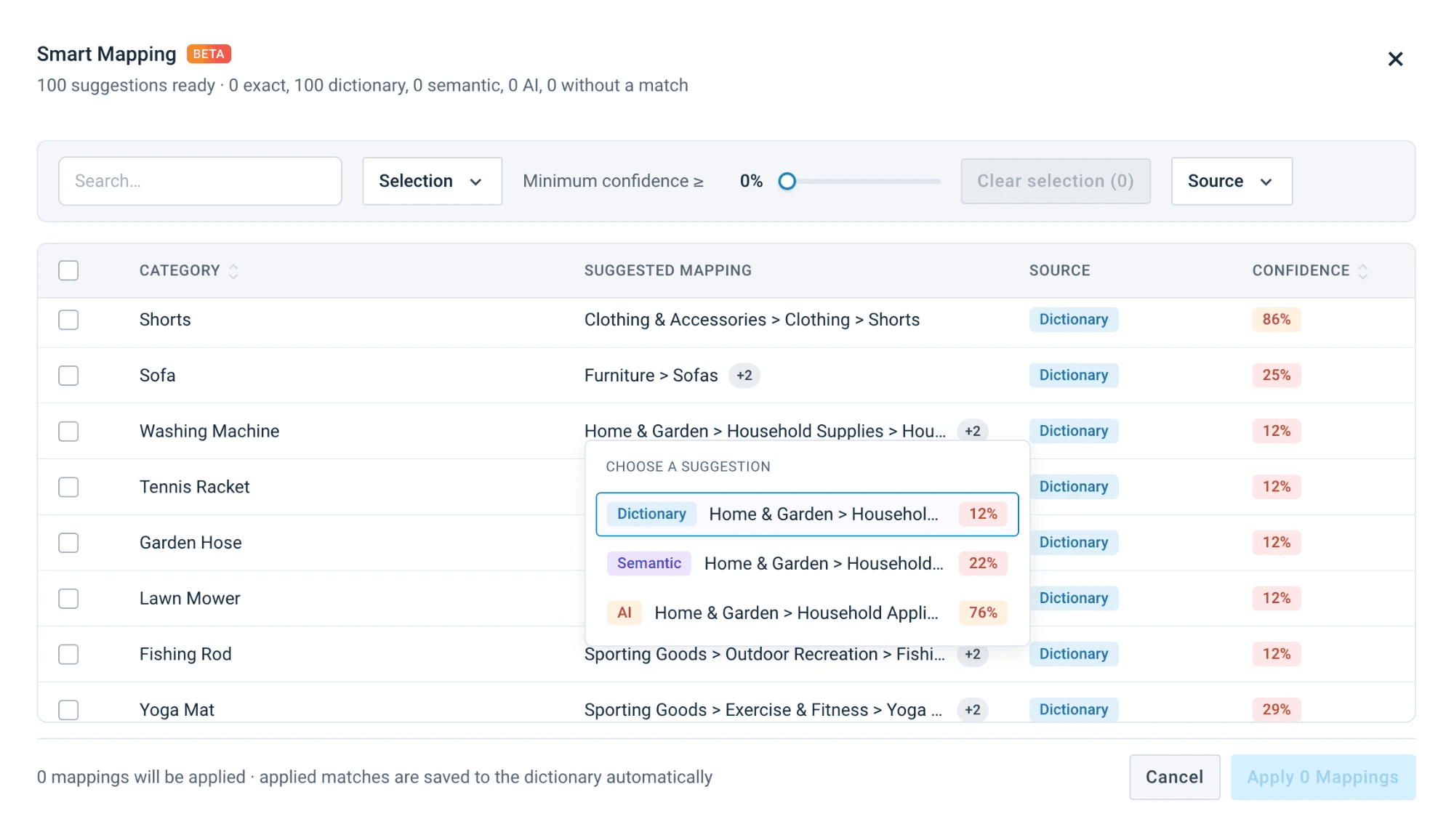 Smart Mapping suggestions list with confidence scores, showing Dictionary, Semantic, and AI suggestions for one value