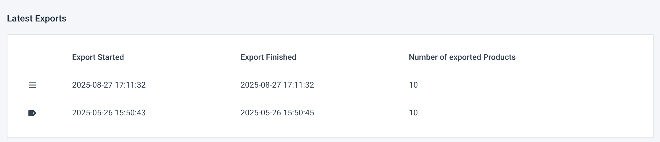 Status page for exports