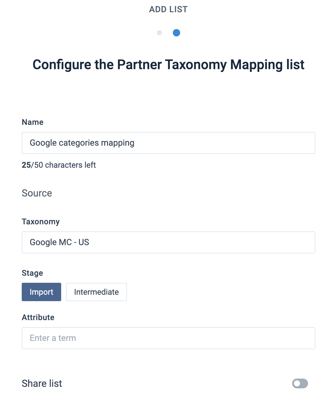 Add a Partner Taxonomy Mapping list for Google categories