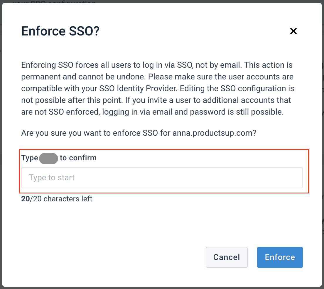 Enforced SSO confirmation message in Productsup