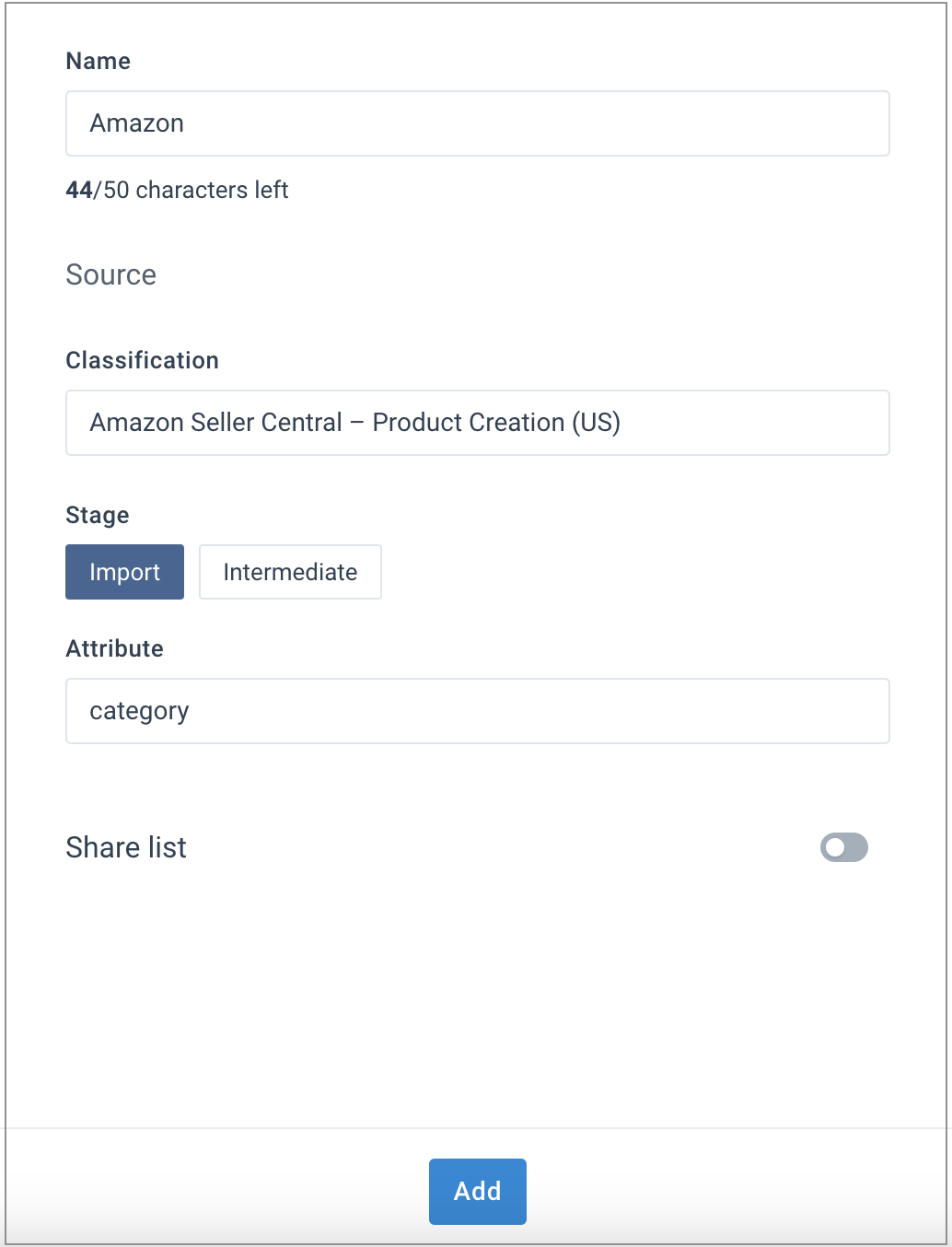 Amazon Classification Mapping list example