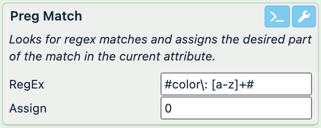 RegEx: #color\: [a-z]+#; Assign: 0