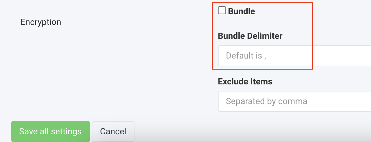 the Bundle checkbox and the Bundle Delimiter fields in Json Settings