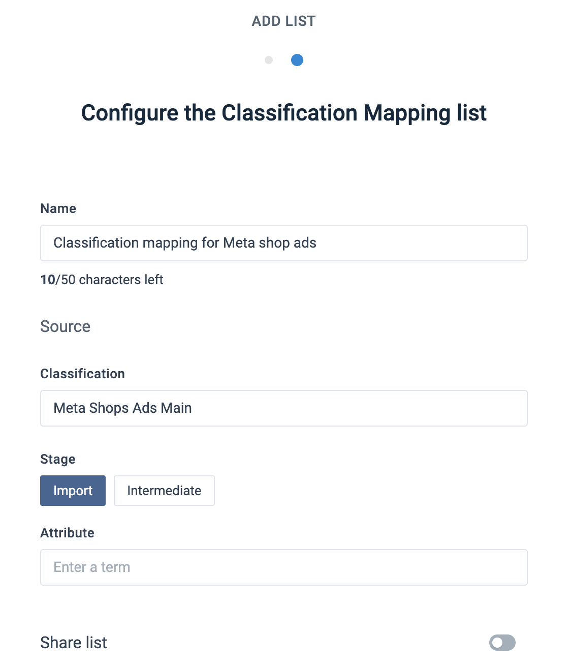Add the classification mapping list Meta Shops Ads Main