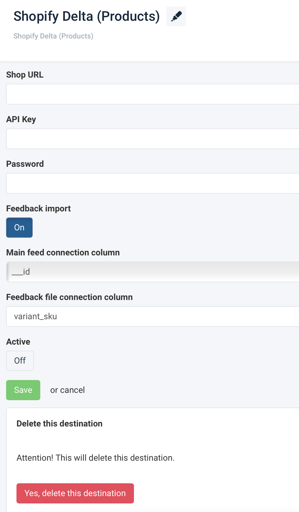 Shopify API Delta destination settings view