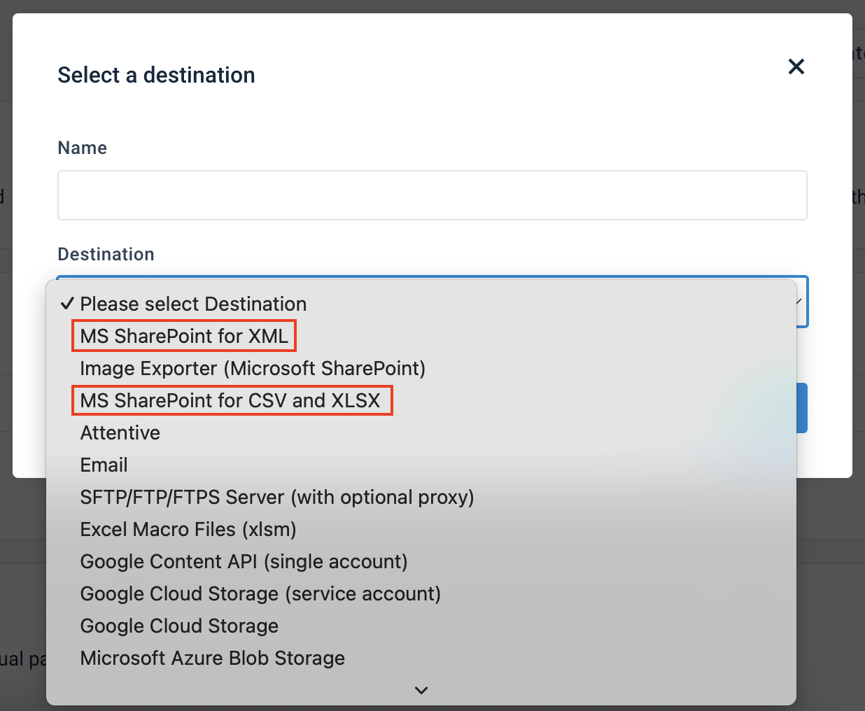 MS SharePoint destinations